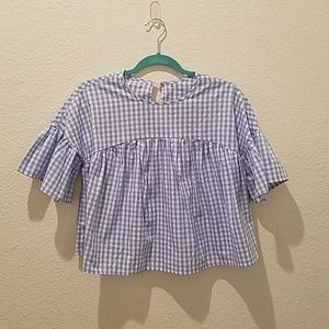 Blue Gingham Bell Sleeve Top